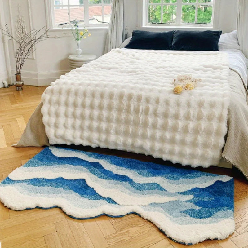 Alfombra de Flocado felpudo con diseño de olas marinas azules (dormitorio, pasillo, entrada etc.) Decoración estética para el hogar