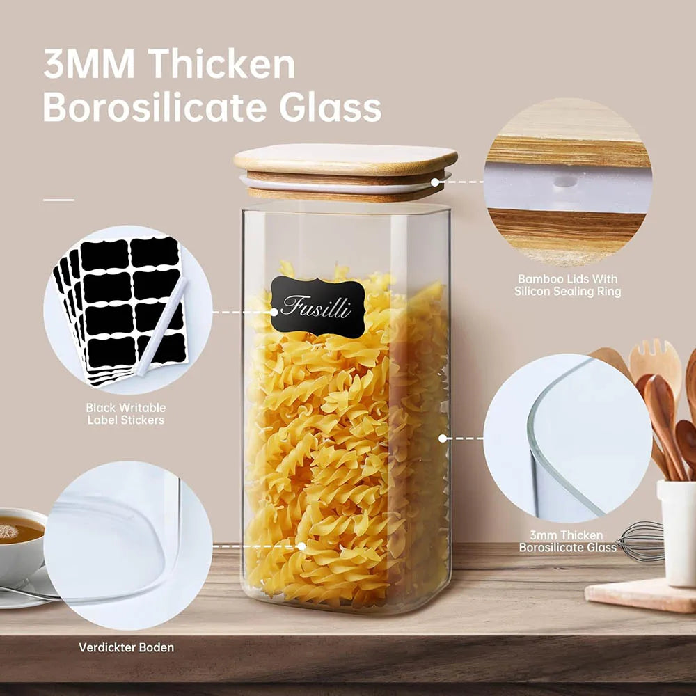 Tarros de vidrio cuadrados con tapa de bambú para almacenar granos de café, cereales, fideos y otros alimentos