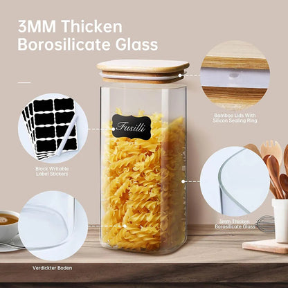 Tarros de vidrio cuadrados con tapa de bambú para almacenar granos de café, cereales, fideos y otros alimentos