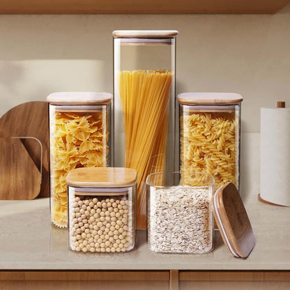Tarros de vidrio cuadrados con tapa de bambú para almacenar granos de café, cereales, fideos y otros alimentos