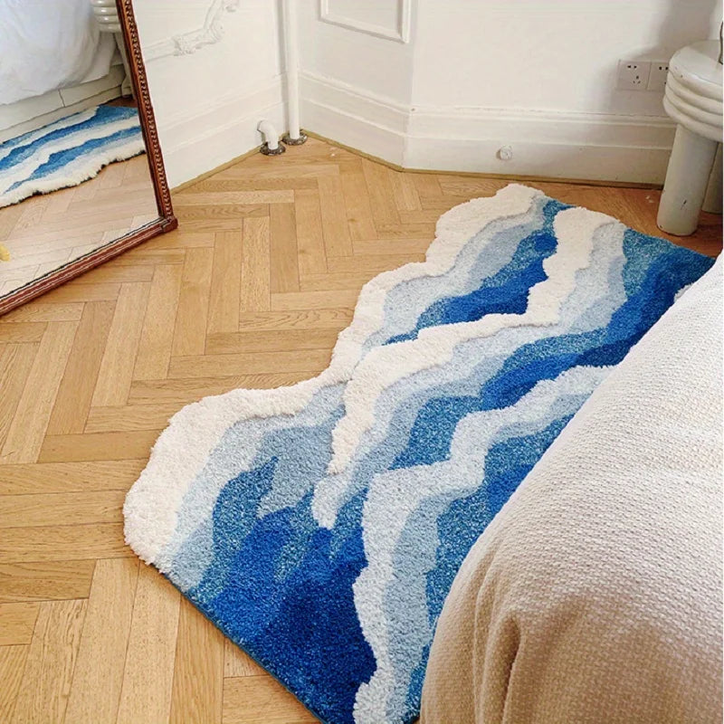 Alfombra de Flocado felpudo con diseño de olas marinas azules (dormitorio, pasillo, entrada etc.) Decoración estética para el hogar