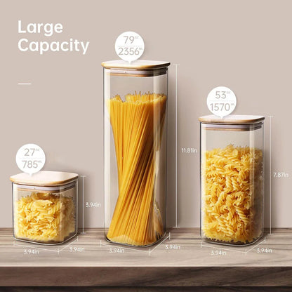 Tarros de vidrio cuadrados con tapa de bambú para almacenar granos de café, cereales, fideos y otros alimentos