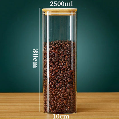 Tarros de vidrio cuadrados con tapa de bambú para almacenar granos de café, cereales, fideos y otros alimentos