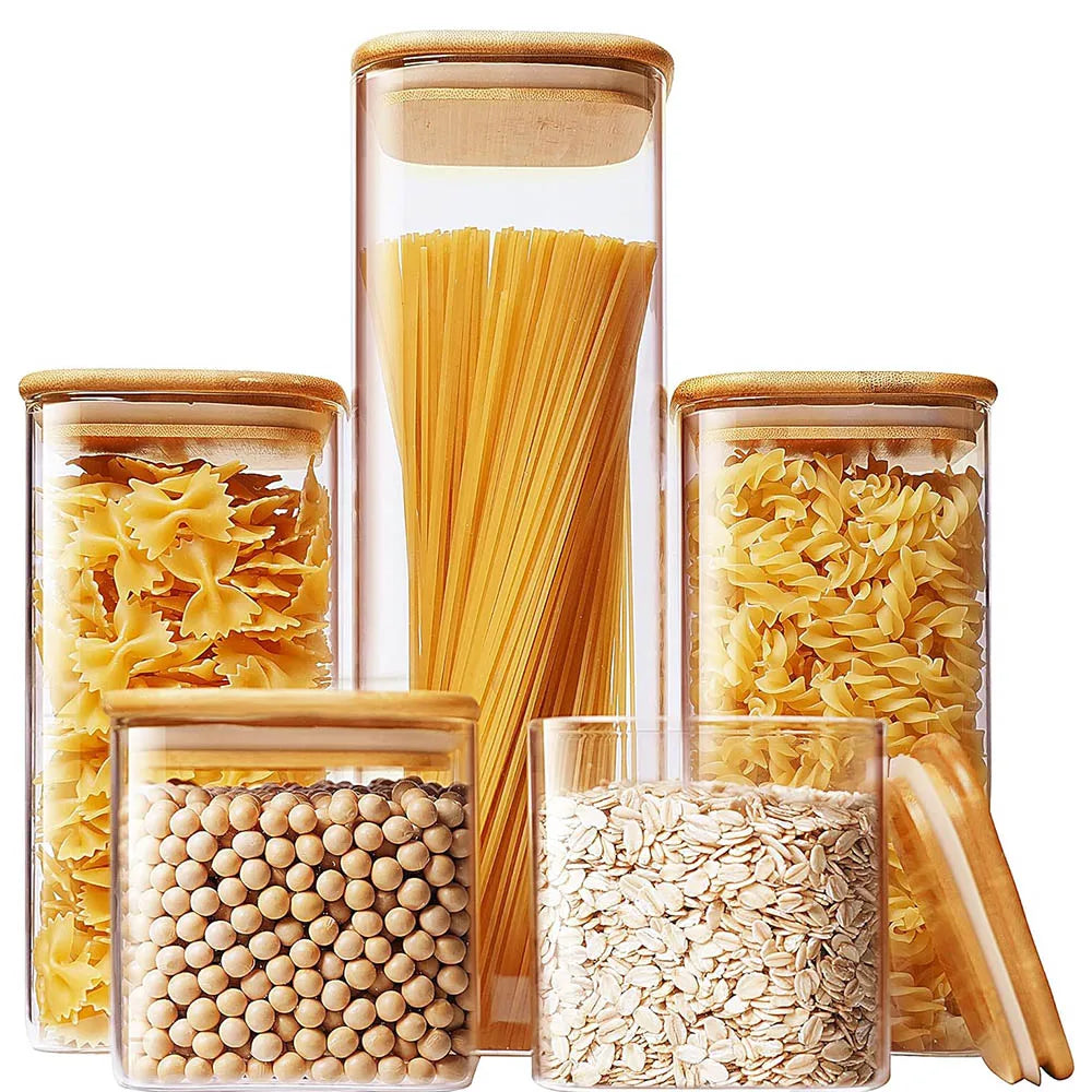 Tarros de vidrio cuadrados con tapa de bambú para almacenar granos de café, cereales, fideos y otros alimentos