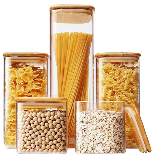 Tarros de vidrio cuadrados con tapa de bambú para almacenar granos de café, cereales, fideos y otros alimentos
