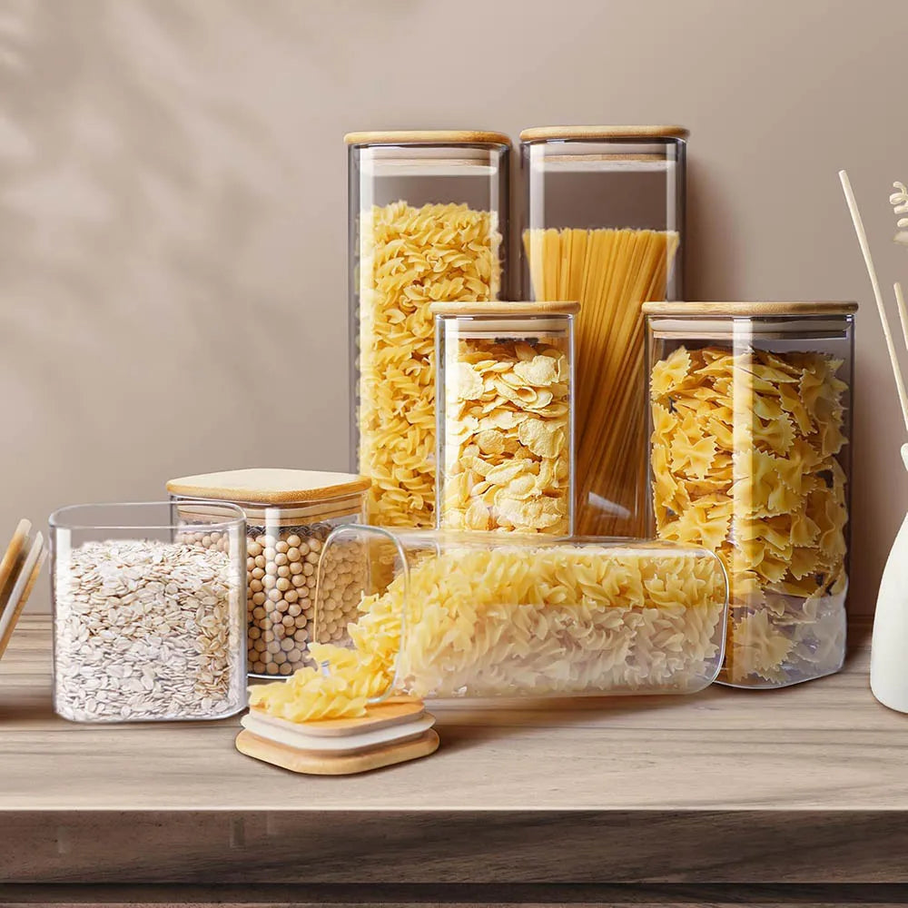 Tarros de vidrio cuadrados con tapa de bambú para almacenar granos de café, cereales, fideos y otros alimentos