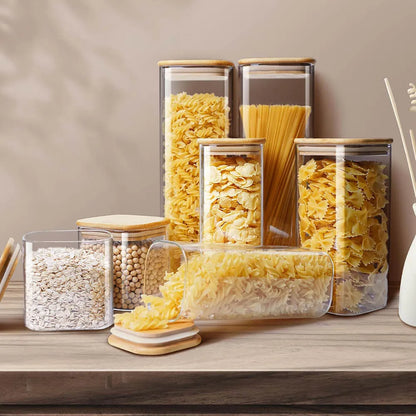Tarros de vidrio cuadrados con tapa de bambú para almacenar granos de café, cereales, fideos y otros alimentos