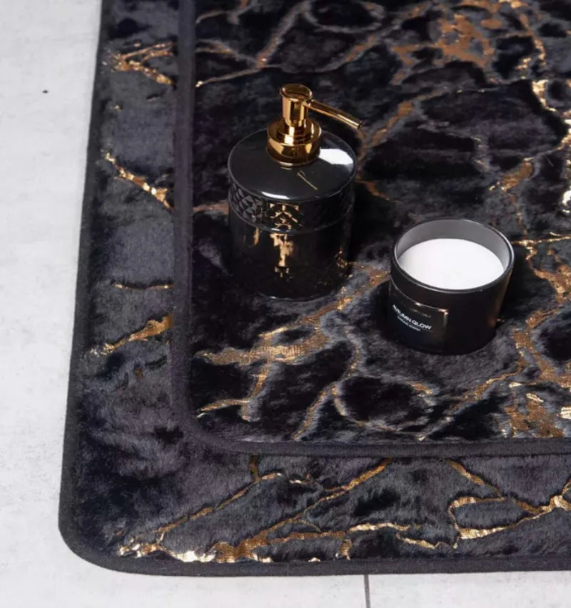 Alfombras de baño de mármol antideslizantes, negras y doradas de suave piel de conejo