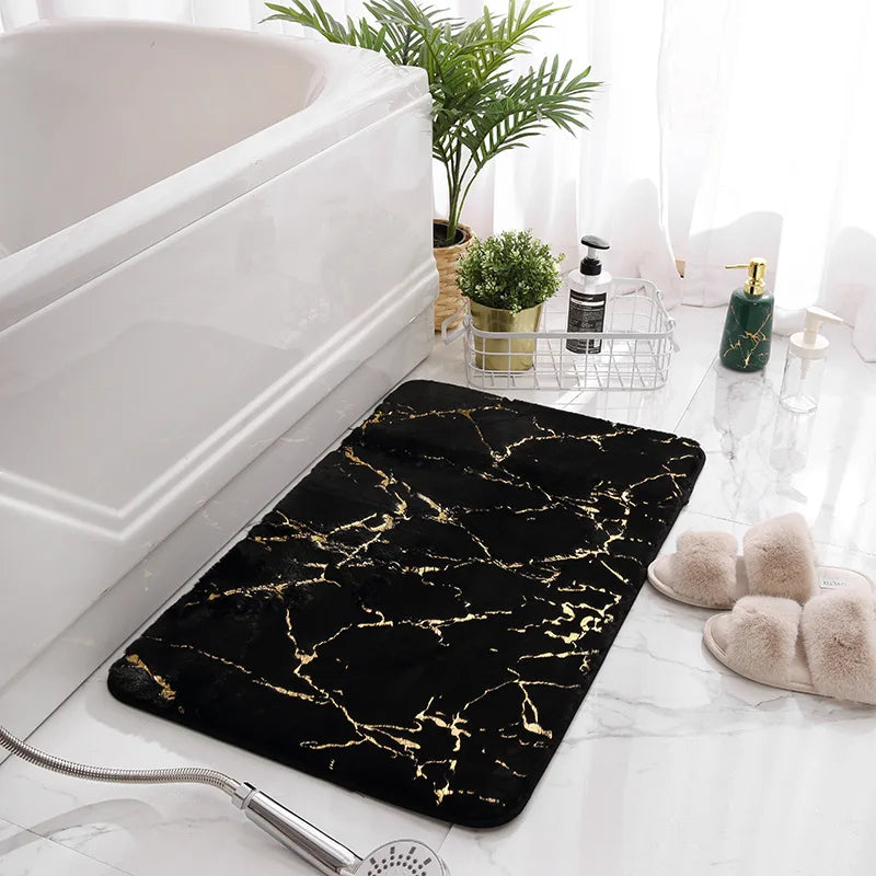 Alfombras de baño de mármol antideslizantes, negras y doradas de suave piel de conejo