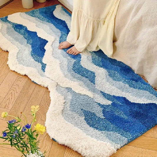 Alfombra de Flocado felpudo con diseño de olas marinas azules (dormitorio, pasillo, entrada etc.) Decoración estética para el hogar