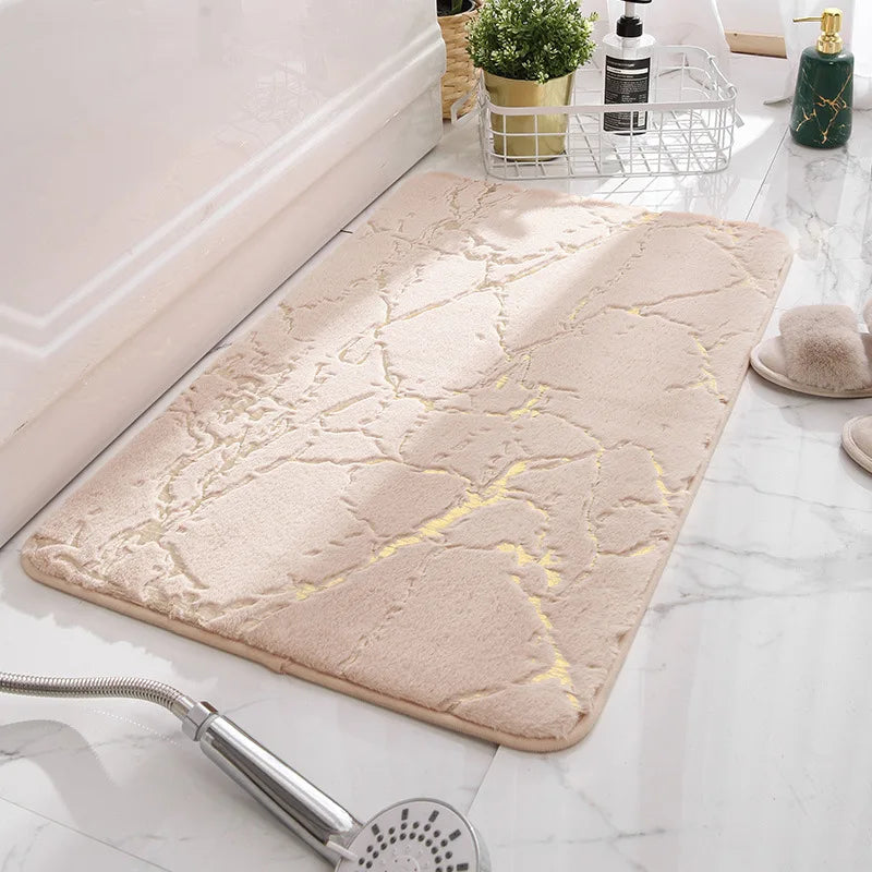 Alfombras de baño de mármol antideslizantes, negras y doradas de suave piel de conejo
