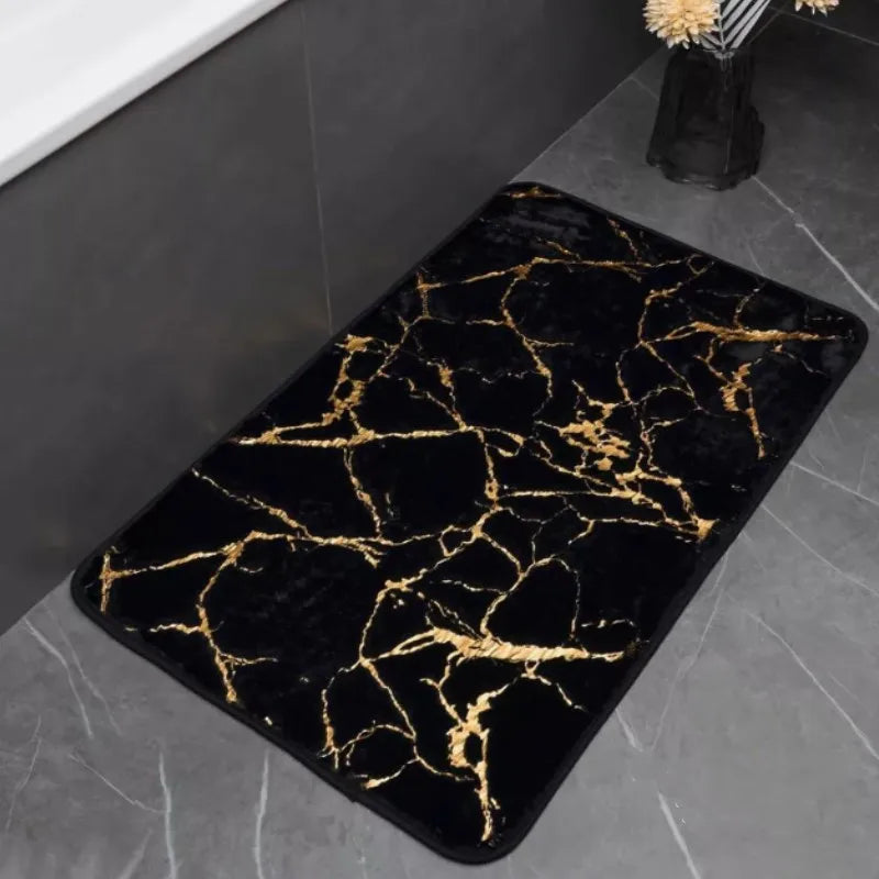Alfombras de baño de mármol antideslizantes, negras y doradas de suave piel de conejo
