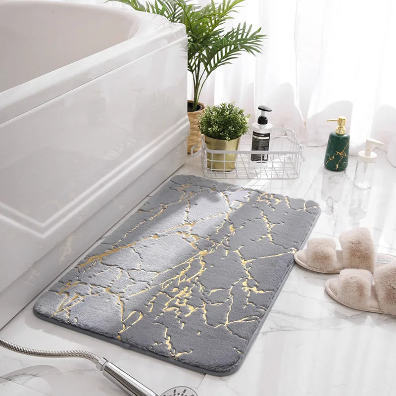 Alfombras de baño de mármol antideslizantes, negras y doradas de suave piel de conejo