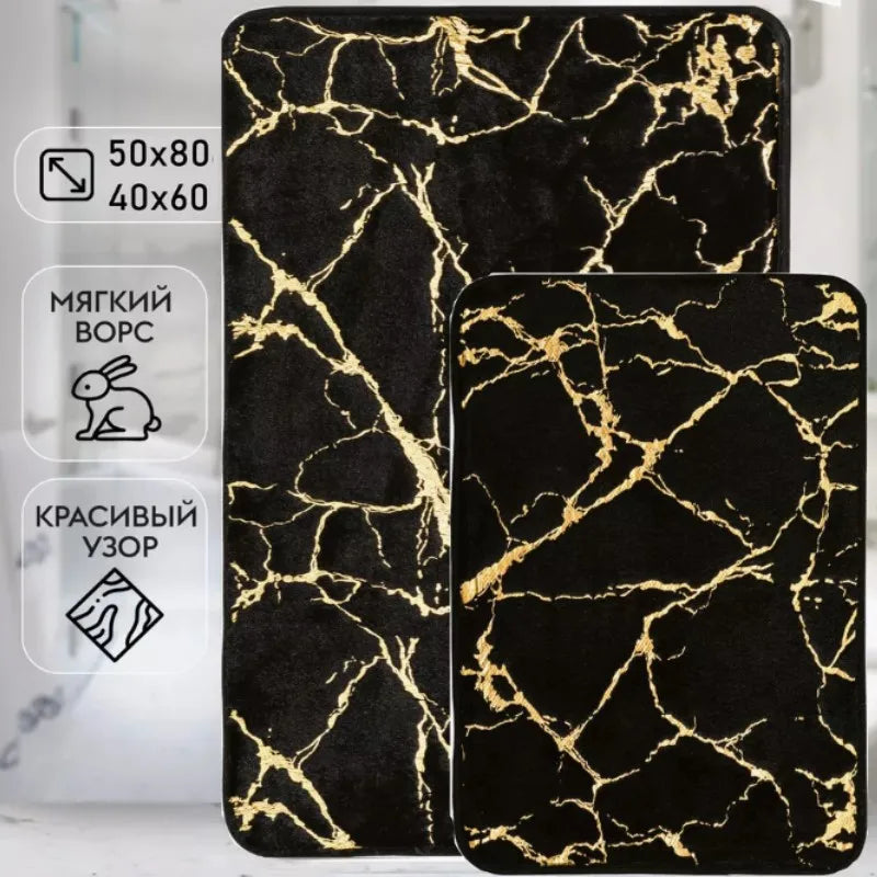 Alfombras de baño de mármol antideslizantes, negras y doradas de suave piel de conejo