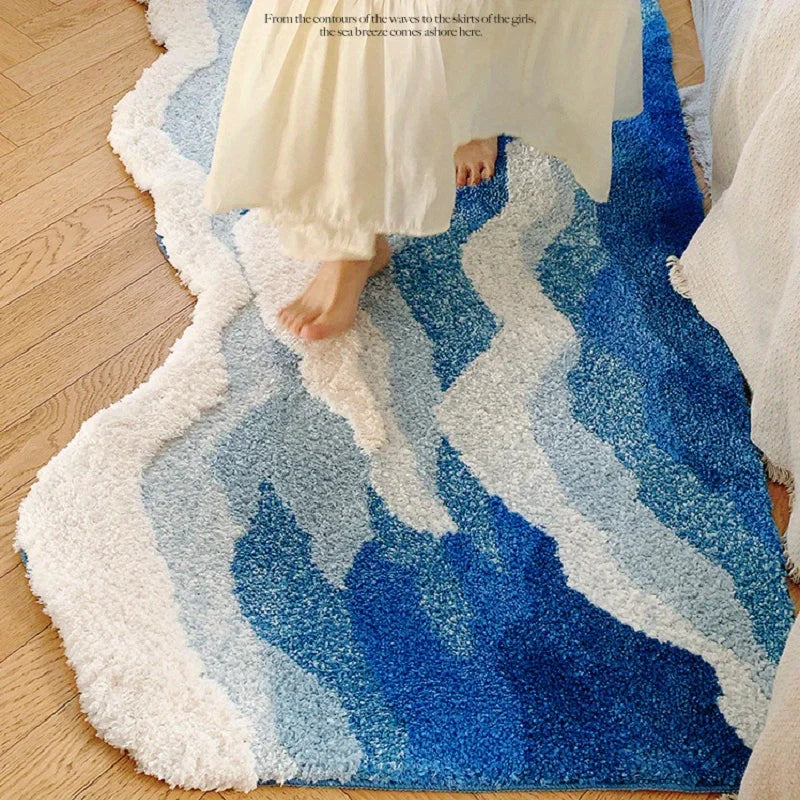 Alfombra de Flocado felpudo con diseño de olas marinas azules (dormitorio, pasillo, entrada etc.) Decoración estética para el hogar