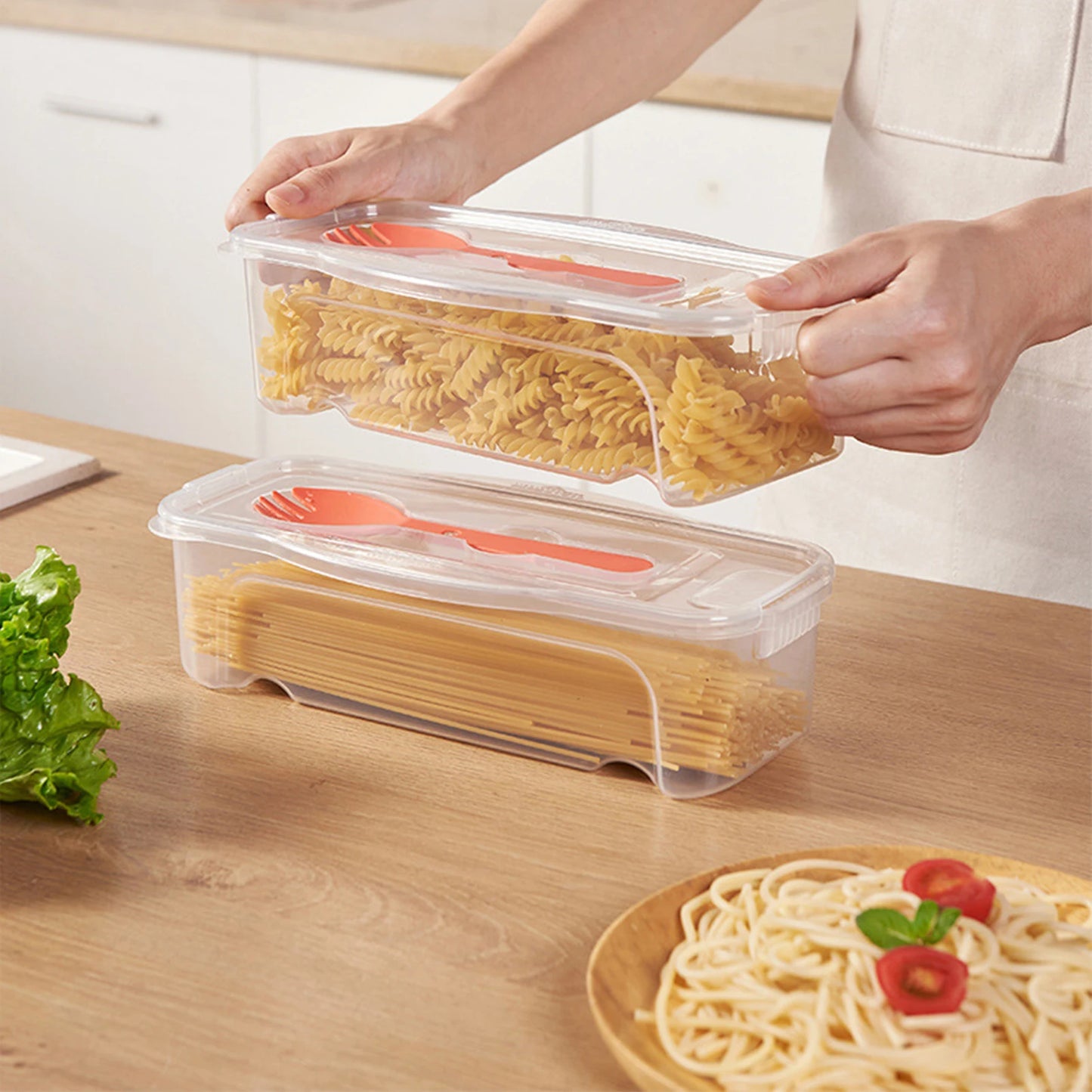 Recipientes para alimentos para microondas con tapa, 1.250 ml (44 oz), para cocinar espaguetis, con escurridor y cubiertos