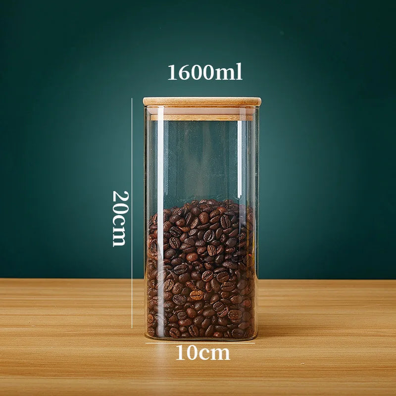 Tarros de vidrio cuadrados con tapa de bambú para almacenar granos de café, cereales, fideos y otros alimentos
