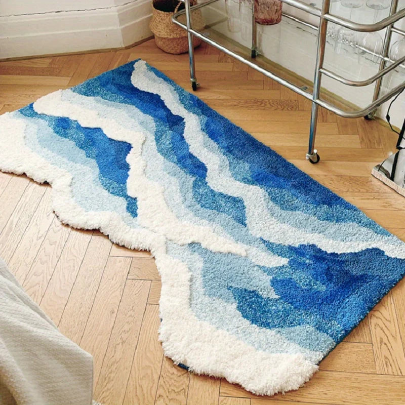 Alfombra de Flocado felpudo con diseño de olas marinas azules (dormitorio, pasillo, entrada etc.) Decoración estética para el hogar