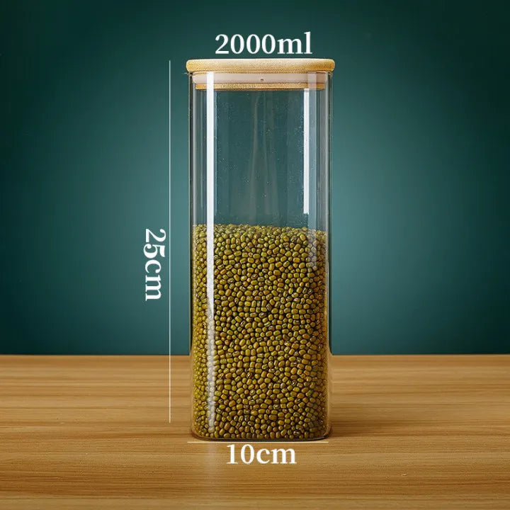 Tarros de vidrio cuadrados con tapa de bambú para almacenar granos de café, cereales, fideos y otros alimentos