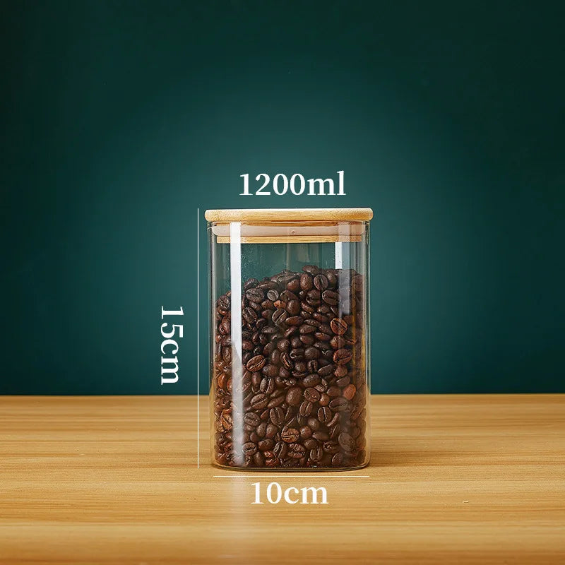 Tarros de vidrio cuadrados con tapa de bambú para almacenar granos de café, cereales, fideos y otros alimentos