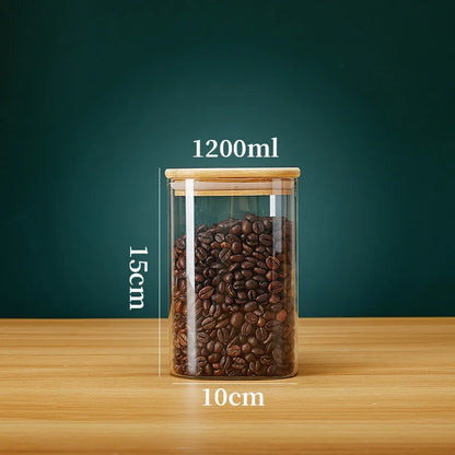 Tarros de vidrio cuadrados con tapa de bambú para almacenar granos de café, cereales, fideos y otros alimentos