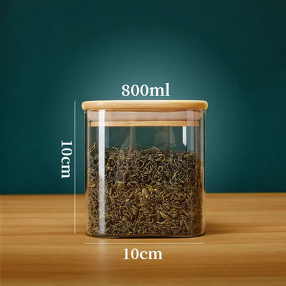 Tarros de vidrio cuadrados con tapa de bambú para almacenar granos de café, cereales, fideos y otros alimentos